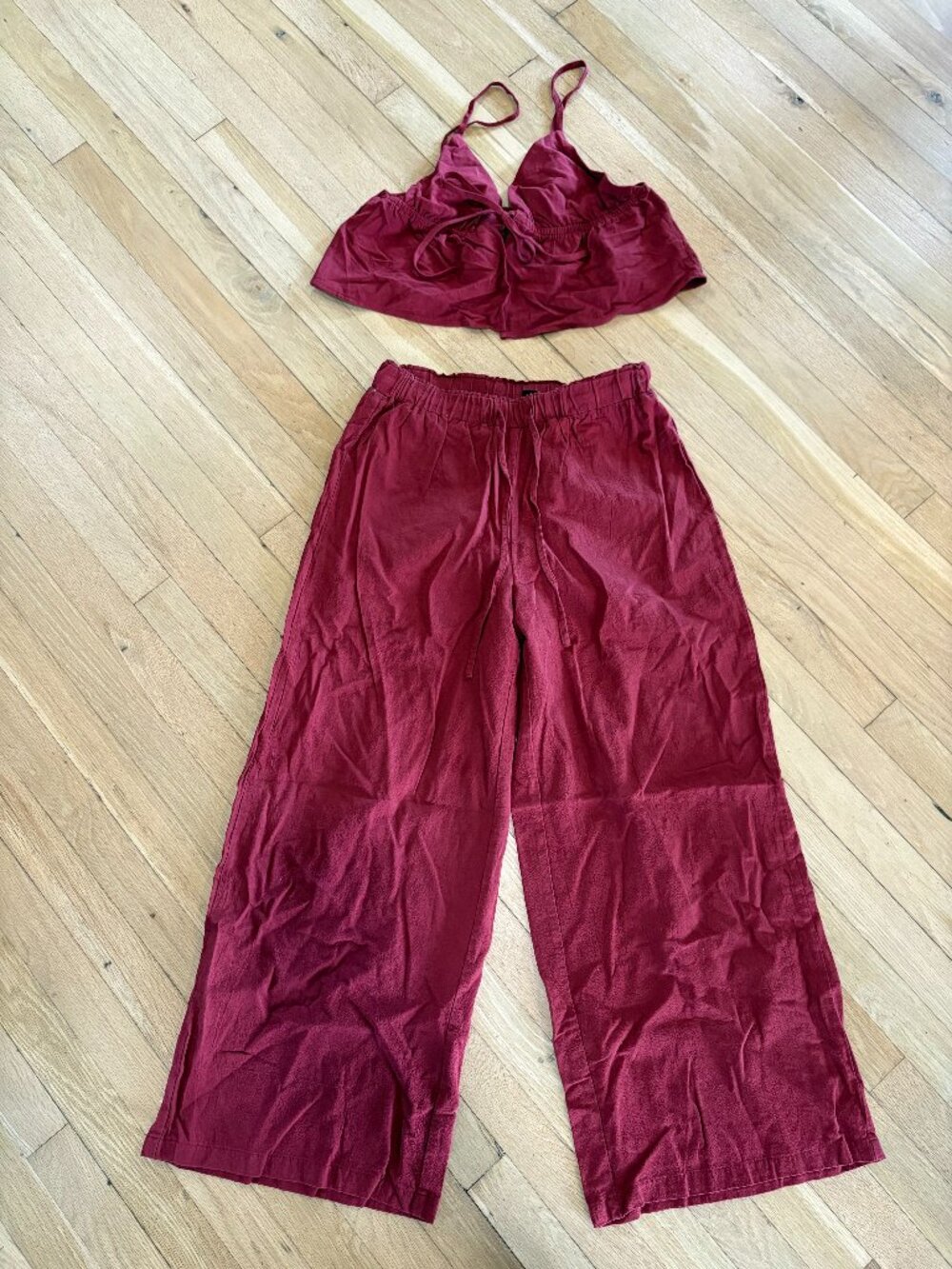 SHEIN Burgundy Two Piece Set Tie Front Crop Cami Wide Leg Pants M/L